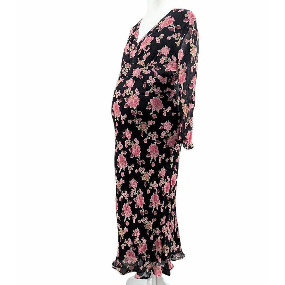 Vintage Motherhood Maternity Black Pink floral bell flutter sleeve midi dress M